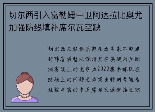 切尔西引入富勒姆中卫阿达拉比奥尤加强防线填补席尔瓦空缺